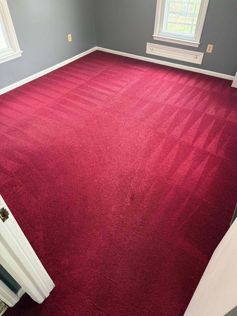 The same red carpet after deep cleaning, bright with fresh vacuum lines
