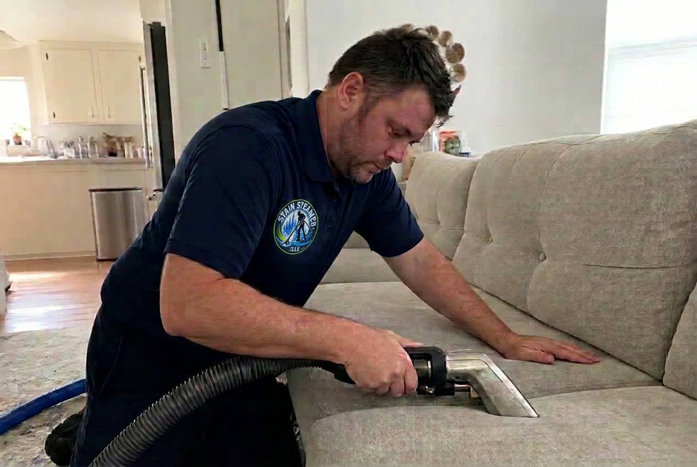 Technician deep cleaning a grey fabric sofa with a hot-water extraction wand, leaving a visibly brighter stripe